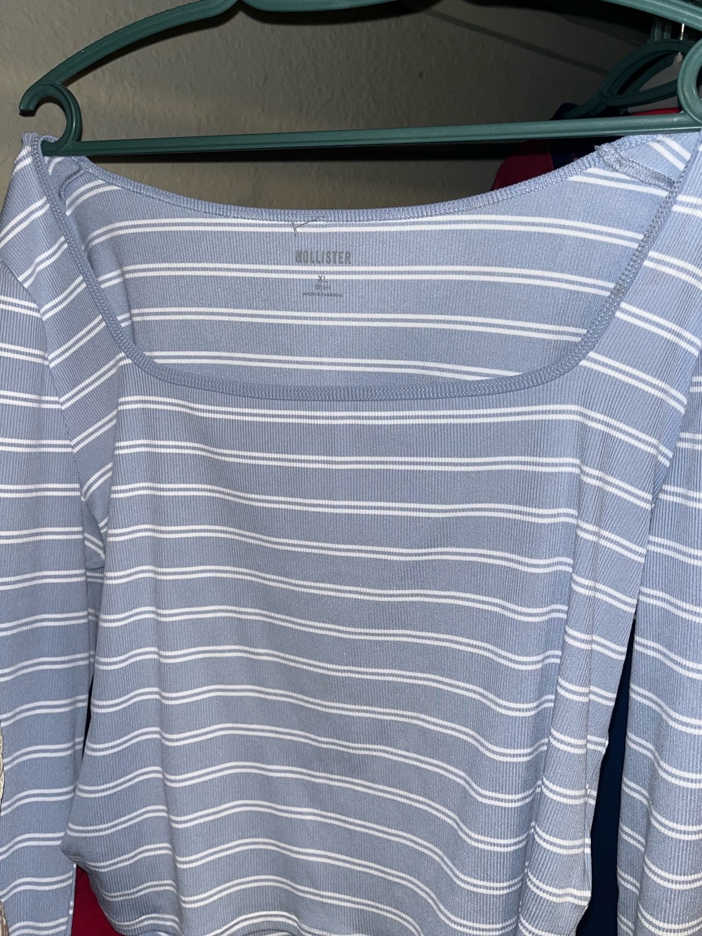 Hollister Light Blue & White Striped Square-Neck Long Sleeve Top